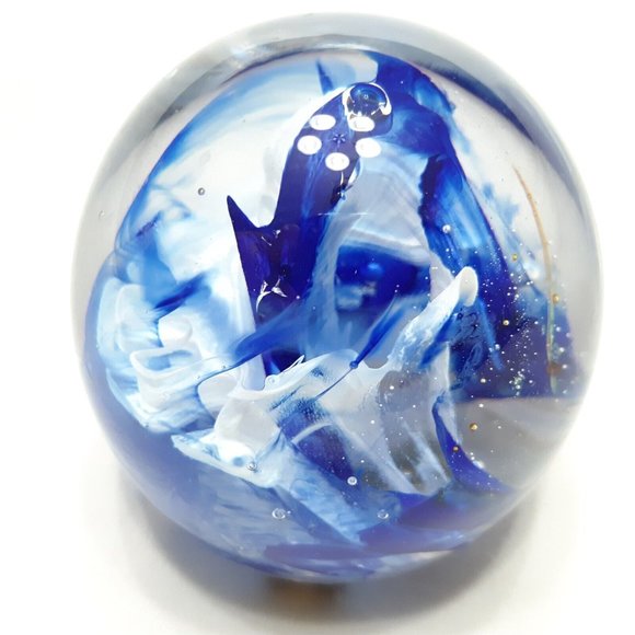 Vintage Kerry Glass Paperweight Round Size Small Blue Swirl Latticinio 3 in Tall - Picture 4 of 10